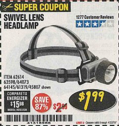 Harbor Freight Coupon HEADLAMP WITH SWIVEL LENS Lot No. 45807/61319/63598/62614 Expired: 4/30/19 - $1.99