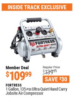 Harbor Freight ITC Coupon FORTRESS 1 GALLON, .5HP, 135 PSI OIL FREE PORTABLE AIR COMPRESSOR Lot No. 64592/64687 Expired: 4/29/21 - $109.99