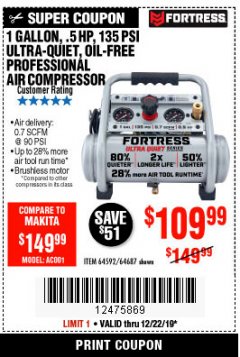 Harbor Freight Coupon FORTRESS 1 GALLON, .5HP, 135 PSI OIL FREE PORTABLE AIR COMPRESSOR Lot No. 64592/64687 Expired: 12/22/19 - $109.99