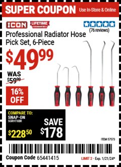 Harbor Freight Coupon 6 PIECE HOOK AND PICK SET Lot No. 93514 Expired: 1/21/24 - $49.99