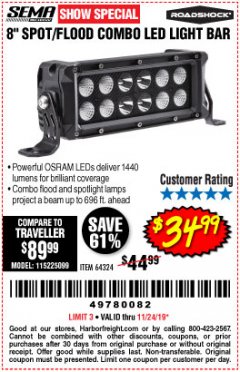 Harbor Freight Coupon ROADSHOCK 1440 LUMENS 8 IN. COMBO LIGHT BAR Lot No. 64324 Expired: 11/24/19 - $34.99