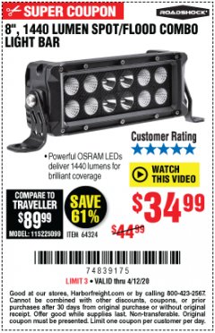 Harbor Freight Coupon ROADSHOCK 1440 LUMENS 8 IN. COMBO LIGHT BAR Lot No. 64324 Expired: 6/30/20 - $34.99