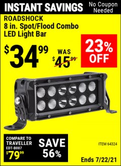 Harbor Freight Coupon ROADSHOCK 1440 LUMENS 8 IN. COMBO LIGHT BAR Lot No. 64324 Expired: 7/22/21 - $34.99