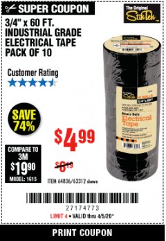 Harbor Freight Coupon 3/4" x 60 FT. INDUSTRIAL GRADE ELECTRICAL TAPE - 10 ROLLS Lot No. 6047/69587/61983/61984 Expired: 6/30/20 - $4.99