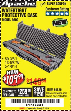 Harbor Freight Coupon APACHE 9800 WEATHERPROOF 13-1/2" X 50-1/2" CASE - LONG Lot No. 64520 Expired: 7/19/19 - $109.99