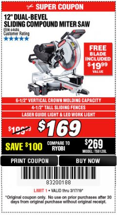 Harbor Freight Coupon ADMIRAL 12" DUAL-BEVEL SLIDING COMPOUND MITER SAW Lot No. 64686 Expired: 3/17/19 - $169