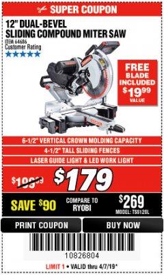 Harbor Freight Coupon ADMIRAL 12" DUAL-BEVEL SLIDING COMPOUND MITER SAW Lot No. 64686 Expired: 4/7/19 - $179