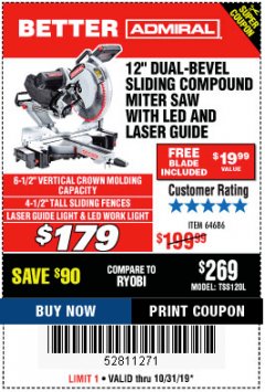 Harbor Freight Coupon ADMIRAL 12" DUAL-BEVEL SLIDING COMPOUND MITER SAW Lot No. 64686 Expired: 10/31/19 - $179
