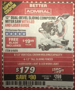 Harbor Freight Coupon ADMIRAL 12" DUAL-BEVEL SLIDING COMPOUND MITER SAW Lot No. 64686 Expired: 11/30/19 - $179