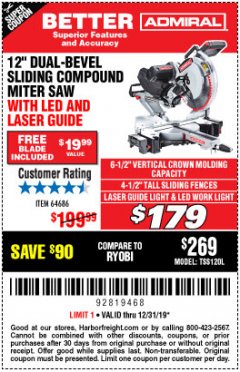 Harbor Freight Coupon ADMIRAL 12" DUAL-BEVEL SLIDING COMPOUND MITER SAW Lot No. 64686 Expired: 12/31/19 - $179