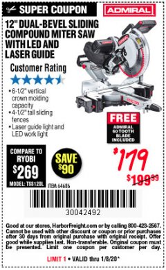 Harbor Freight Coupon ADMIRAL 12" DUAL-BEVEL SLIDING COMPOUND MITER SAW Lot No. 64686 Expired: 1/8/20 - $1.79