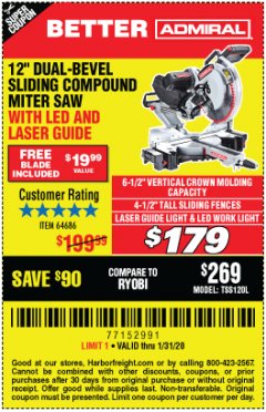 Harbor Freight Coupon ADMIRAL 12" DUAL-BEVEL SLIDING COMPOUND MITER SAW Lot No. 64686 Expired: 1/31/20 - $1.79