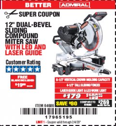 Harbor Freight Coupon ADMIRAL 12" DUAL-BEVEL SLIDING COMPOUND MITER SAW Lot No. 64686 Expired: 2/4/20 - $179
