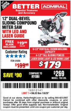Harbor Freight Coupon ADMIRAL 12" DUAL-BEVEL SLIDING COMPOUND MITER SAW Lot No. 64686 Expired: 1/6/20 - $179