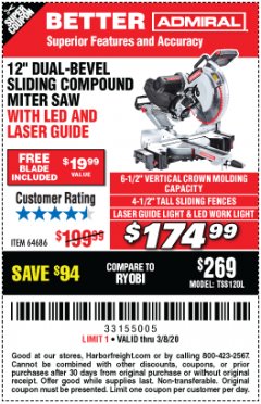 Harbor Freight Coupon ADMIRAL 12" DUAL-BEVEL SLIDING COMPOUND MITER SAW Lot No. 64686 Expired: 2/8/20 - $174.99