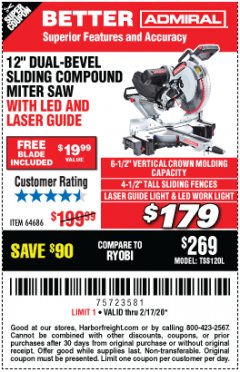 Harbor Freight Coupon ADMIRAL 12" DUAL-BEVEL SLIDING COMPOUND MITER SAW Lot No. 64686 Expired: 2/17/20 - $179.99