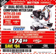 Harbor Freight Coupon ADMIRAL 12" DUAL-BEVEL SLIDING COMPOUND MITER SAW Lot No. 64686 Expired: 3/31/20 - $174.99
