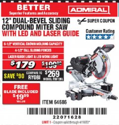 Harbor Freight Coupon ADMIRAL 12" DUAL-BEVEL SLIDING COMPOUND MITER SAW Lot No. 64686 Expired: 6/30/20 - $179