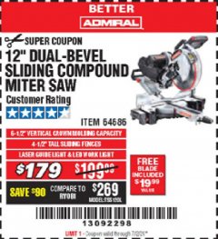 Harbor Freight Coupon ADMIRAL 12" DUAL-BEVEL SLIDING COMPOUND MITER SAW Lot No. 64686 Expired: 7/2/20 - $179