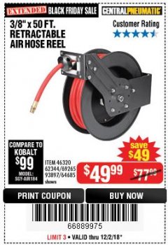Harbor Freight Coupon 3/8" X 50 FT. RETRACTABLE AIR HOSE REEL Lot No. 46320/69265/62344/64685/93897 Expired: 12/2/18 - $49.99