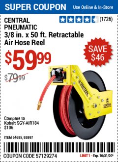 Harbor Freight Coupon 3/8" X 50 FT. RETRACTABLE AIR HOSE REEL Lot No. 46320/69265/62344/64685/93897 Expired: 10/31/20 - $59.99