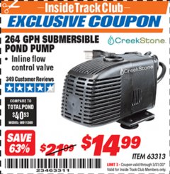 Harbor Freight ITC Coupon CREEKSTONE 264 GPH SUBMERSIBLE POND PUMP Lot No. 63313 Expired: 3/31/20 - $14.99