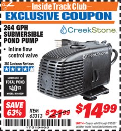 Harbor Freight ITC Coupon CREEKSTONE 264 GPH SUBMERSIBLE POND PUMP Lot No. 63313 Expired: 6/30/20 - $14.99