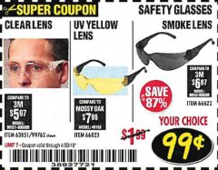 Harbor Freight Coupon SAFETY GLASSES Lot No. 66822/66823/63851/99762 Expired: 4/30/19 - $0.99
