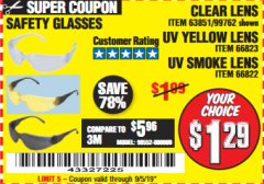 Harbor Freight Coupon SAFETY GLASSES Lot No. 66822/66823/63851/99762 Expired: 9/5/19 - $1.29