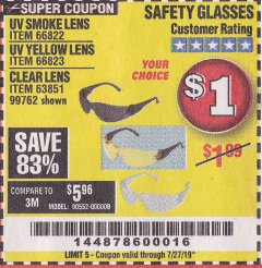 Harbor Freight Coupon SAFETY GLASSES Lot No. 66822/66823/63851/99762 Expired: 7/27/19 - $0.01