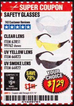 Harbor Freight Coupon SAFETY GLASSES Lot No. 66822/66823/63851/99762 Expired: 8/31/19 - $1.29