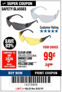 Harbor Freight Coupon SAFETY GLASSES Lot No. 66822/66823/63851/99762 Expired: 8/25/19 - $0.99