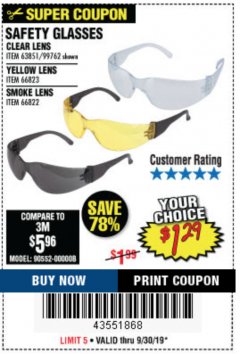 Harbor Freight Coupon SAFETY GLASSES Lot No. 66822/66823/63851/99762 Expired: 9/30/19 - $1.29