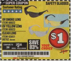 Harbor Freight Coupon SAFETY GLASSES Lot No. 66822/66823/63851/99762 Expired: 9/19/19 - $1