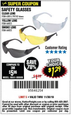 Harbor Freight Coupon SAFETY GLASSES Lot No. 66822/66823/63851/99762 Expired: 11/30/19 - $1.29
