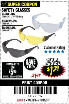 Harbor Freight Coupon SAFETY GLASSES Lot No. 66822/66823/63851/99762 Expired: 11/30/19 - $1.29