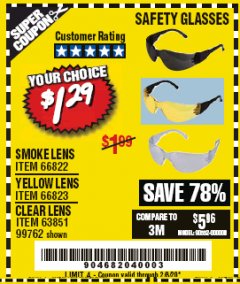 Harbor Freight Coupon SAFETY GLASSES Lot No. 66822/66823/63851/99762 Expired: 2/8/20 - $1.29