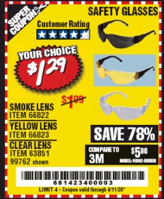 Harbor Freight Coupon SAFETY GLASSES Lot No. 66822/66823/63851/99762 Expired: 6/30/20 - $1.29