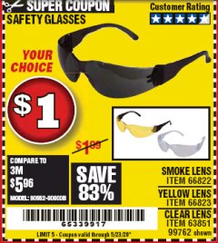 Harbor Freight Coupon SAFETY GLASSES Lot No. 66822/66823/63851/99762 Expired: 6/30/20 - $0.01