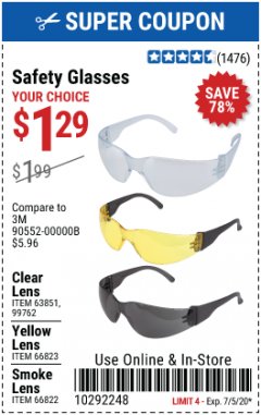 Harbor Freight Coupon SAFETY GLASSES Lot No. 66822/66823/63851/99762 Expired: 7/5/20 - $1.29