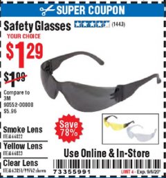 Harbor Freight Coupon SAFETY GLASSES Lot No. 66822/66823/63851/99762 Expired: 9/6/20 - $1.29