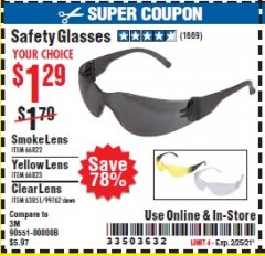 Harbor Freight Coupon SAFETY GLASSES Lot No. 66822/66823/63851/99762 Expired: 2/25/21 - $1.29