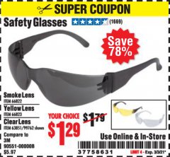 Harbor Freight Coupon SAFETY GLASSES Lot No. 66822/66823/63851/99762 Expired: 3/3/21 - $1.29