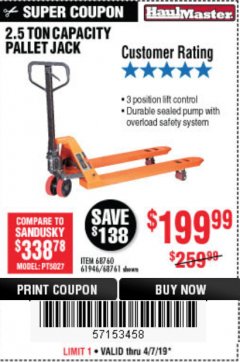 Harbor Freight Coupon 2.5 TON PALLET JACK Lot No. 68761/68760/61946 Expired: 4/7/19 - $199.99