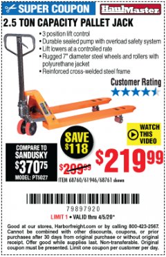 Harbor Freight Coupon 2.5 TON PALLET JACK Lot No. 68761/68760/61946 Expired: 6/30/20 - $219.99