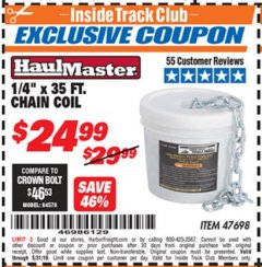 Harbor Freight ITC Coupon 1/4" X 35 FT. CHAIN COIL Lot No. 47698 Expired: 5/31/19 - $24.99