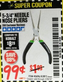 Harbor Freight Coupon 5-3/4" NEEDLE NOSE PLIERS Lot No. 40696/63815 Expired: 2/28/19 - $0.99