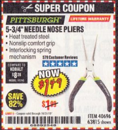 Harbor Freight Coupon 5-3/4" NEEDLE NOSE PLIERS Lot No. 40696/63815 Expired: 10/31/19 - $1.49
