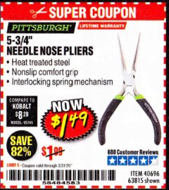 Harbor Freight Coupon 5-3/4" NEEDLE NOSE PLIERS Lot No. 40696/63815 Expired: 3/31/20 - $1.49
