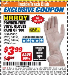 Harbor Freight ITC Coupon POWDER-FREE VINYL GLOVES PACK OF 100 Lot No. 63857/8935/63858/8936/63859/8934 Expired: 12/31/18 - $3.99